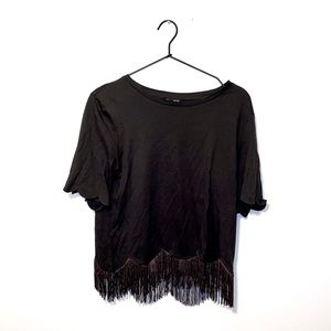 TOPSHOP Dark green fringe cropped tee